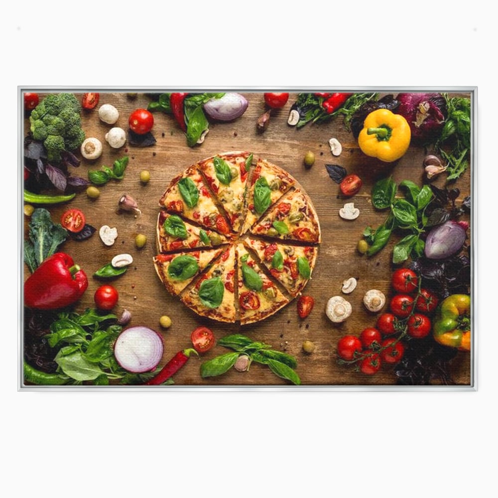 Tablou canvas cu tablou canvas cu pizza si legume, in rama de aluminiu argintiu